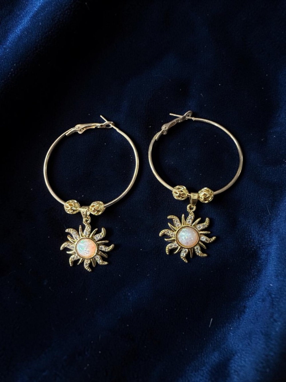Gold Sunburst Hoop Earrings with Opal Center - Women Jewelry